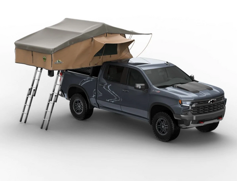 A rooftop tent on a truck.