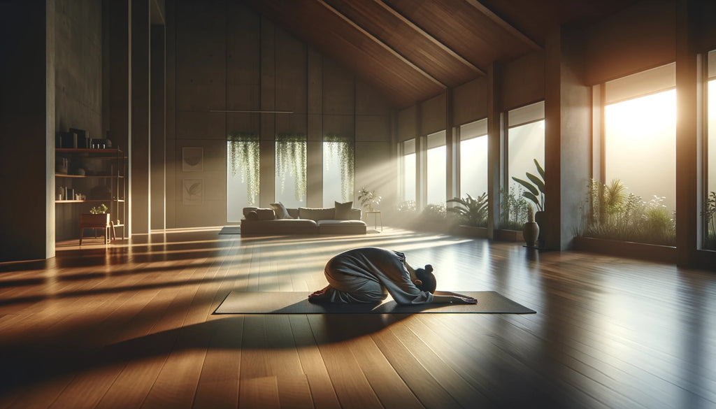 serene and peaceful atmosphere of a yoga studio with someone practicing the Child's Pose (Balasana)