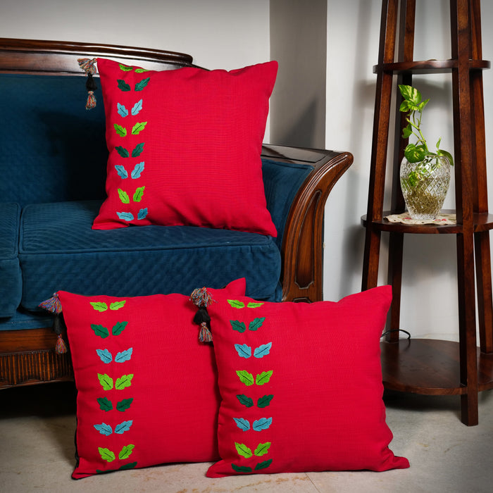 'Comforting Leaves' Hand Embroidered Linen Cushion Covers In Red Color With Tassels (16 x 16 Inch)