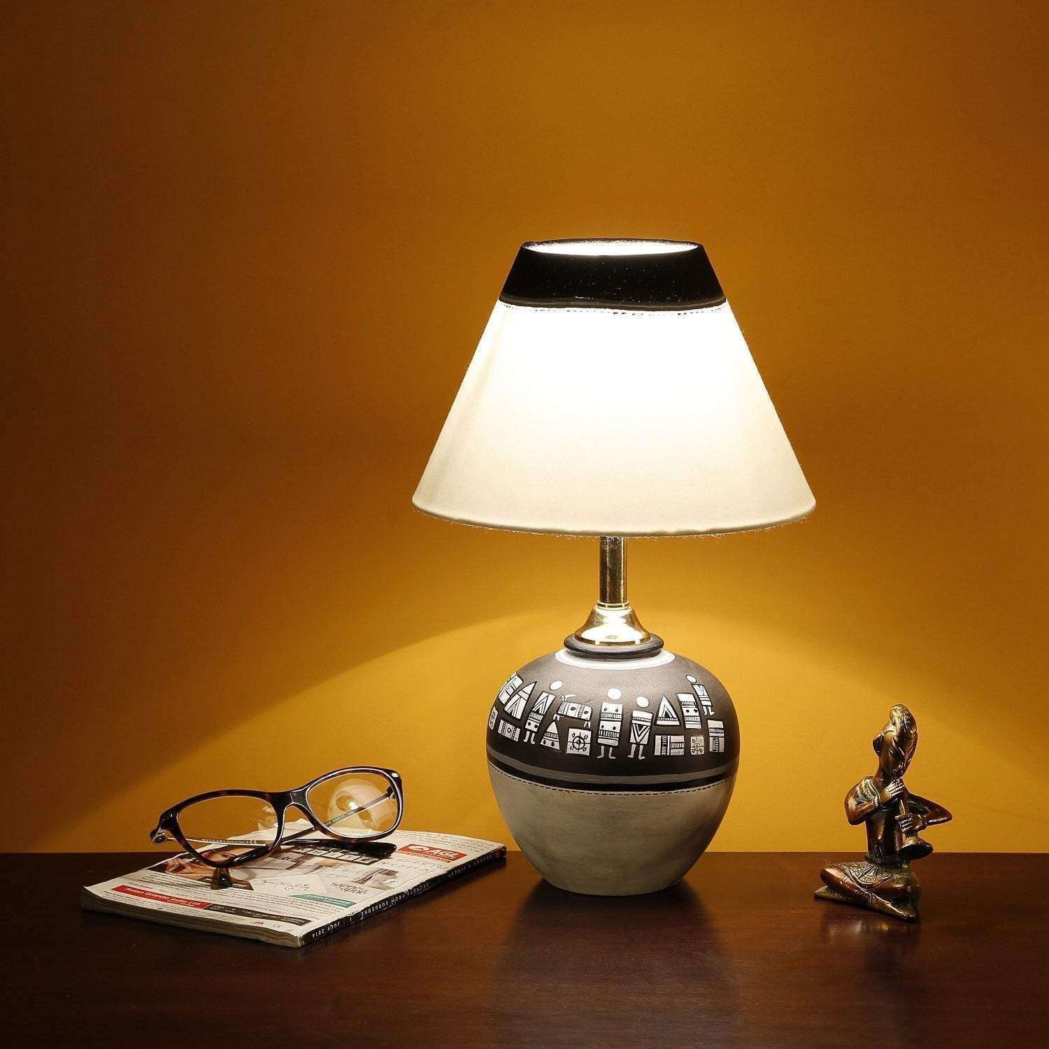 Terracotta Warli Hand Painted Pot Shaped Home Bedroom Table Lamp