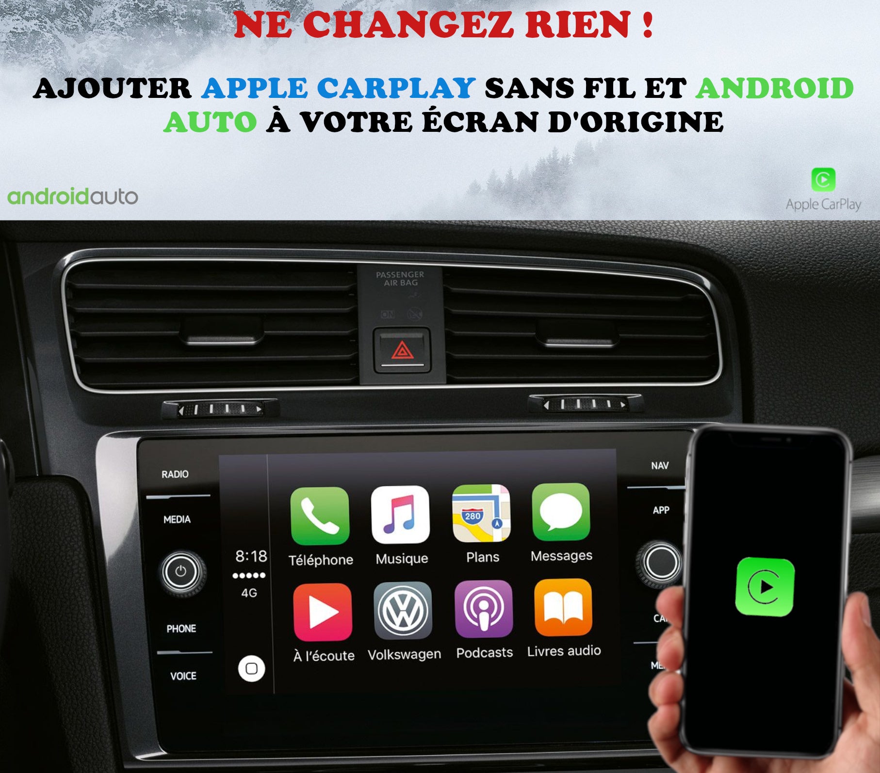 Apple Carplay sans fil et Android Auto sur VW Touran écran d