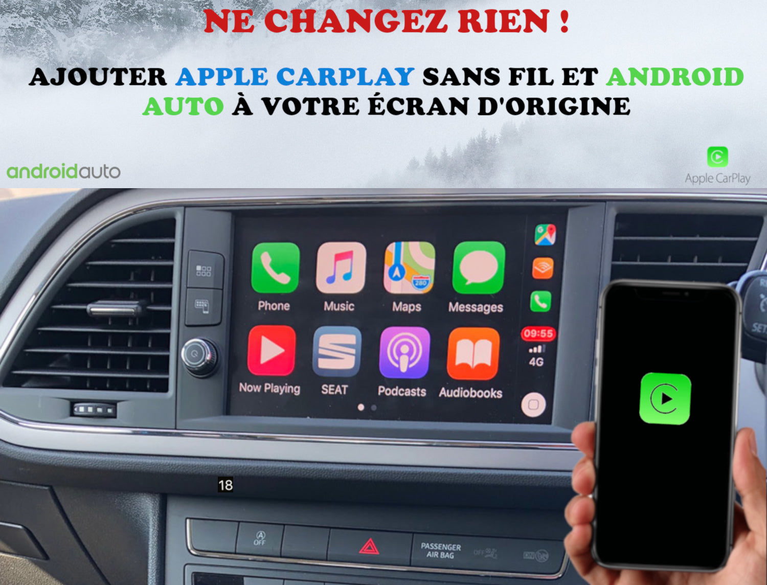 Apple Carplay sans fil et Android Auto sur Seat LEON écran d
