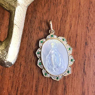 Virgin Mary medal with gold and emeralds