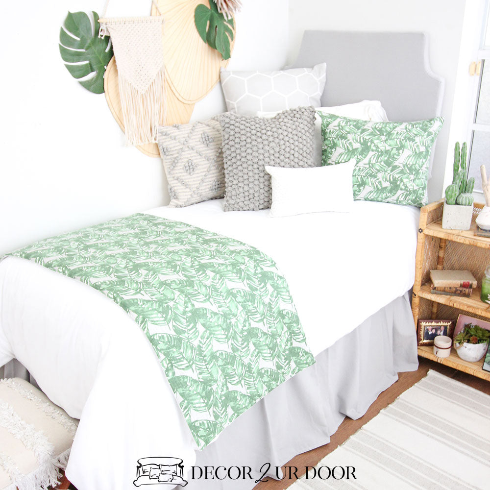 grey and mint green bedding