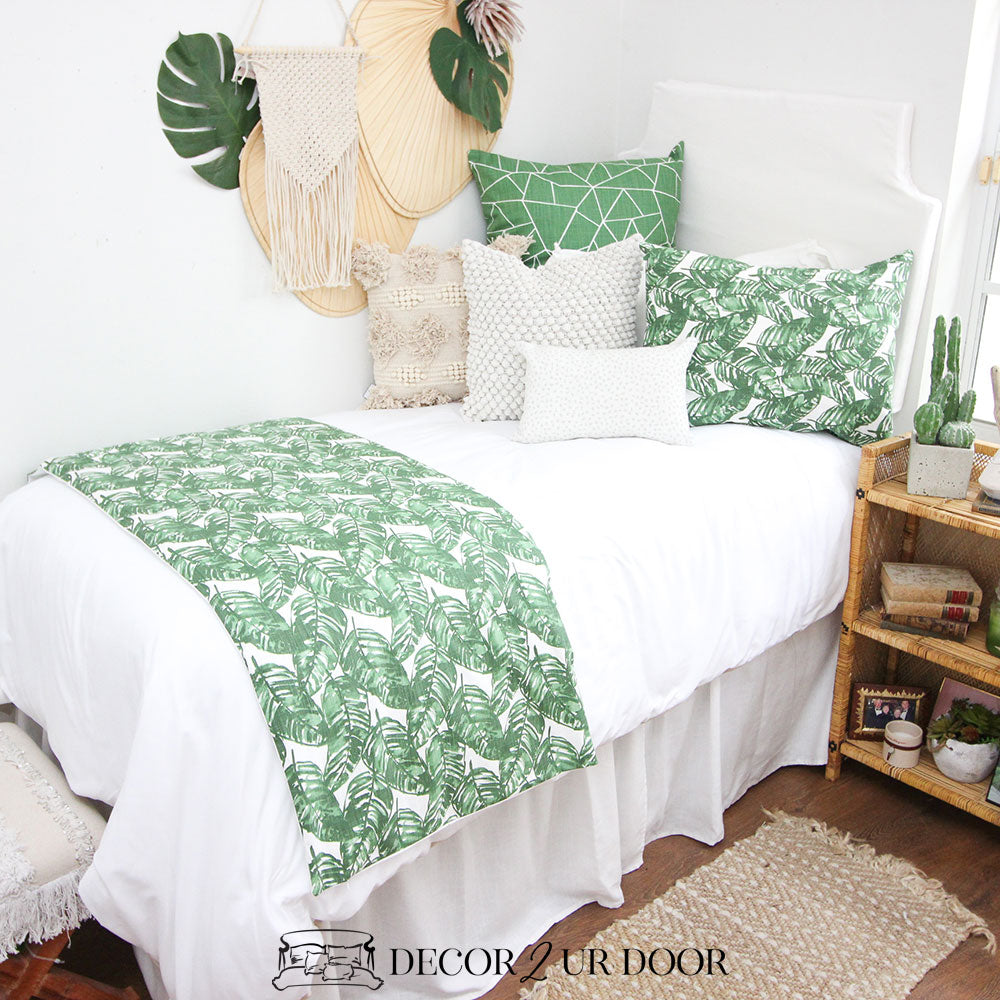 green and white bedding