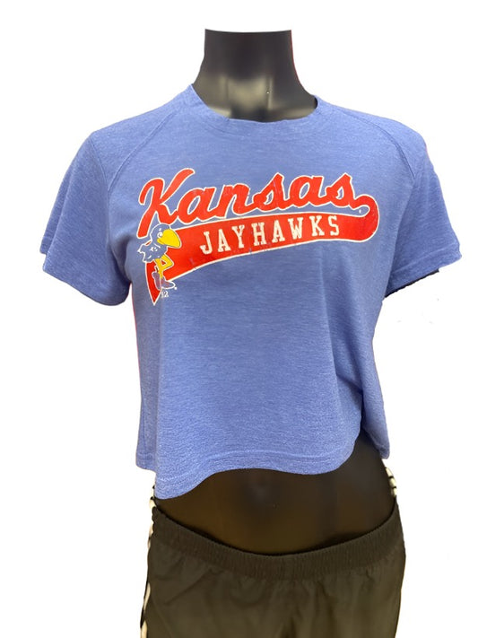 Kansas Jayhawks Gunner Stripe Women's Crop Top T-Shirt - Grey