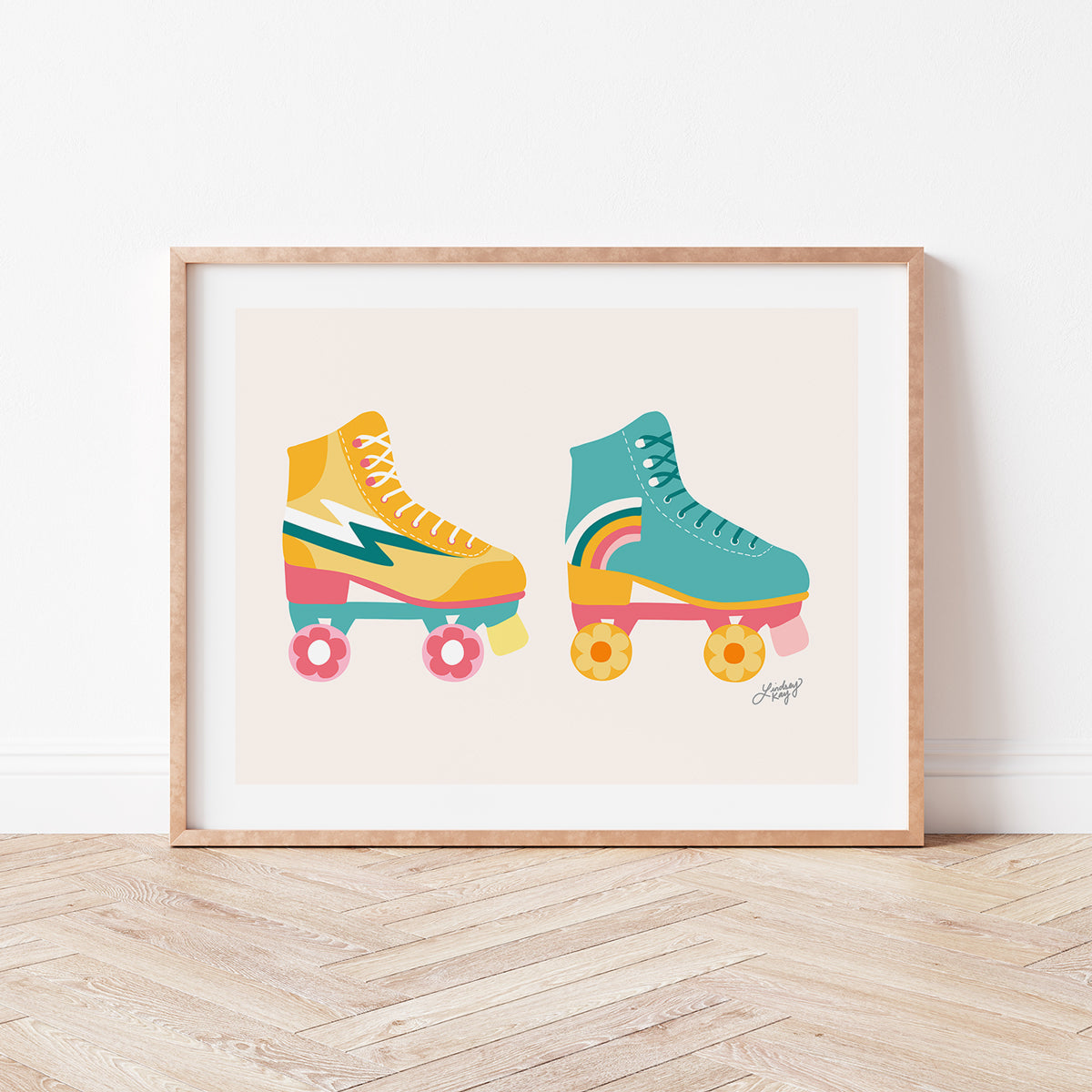 Three Retro Roller Skates Illustration (Neon/Pastel Palette) Horizontal -  Art Print - Lindsey Kay Collective