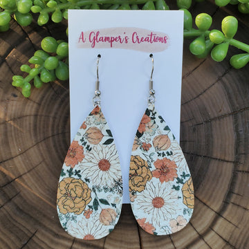 Boho Floral Long Narrow Teardrop Leather Earrings