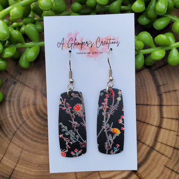 Floral on Black Mini Bar Leather Earrings