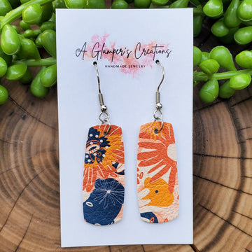 Orange & Blue Fall Floral Mini Bar Leather Earrings