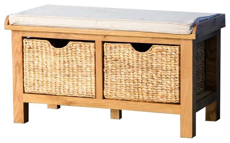 Contemporary Storage Bench in Solid Oak Wood with 2 Baskets and Padded