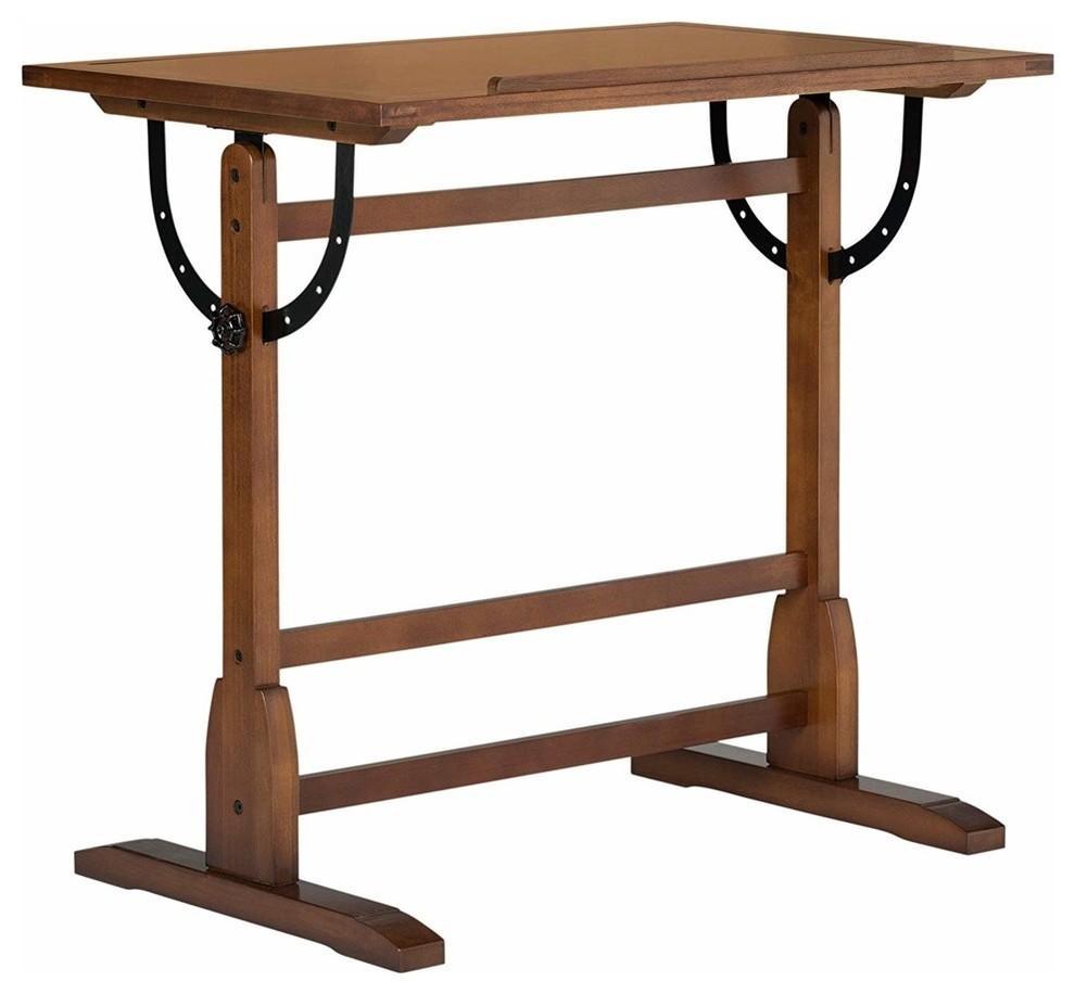 Rustic Drawing Table, Solid Hard Wood With Oak Finish, Adjustable Angl