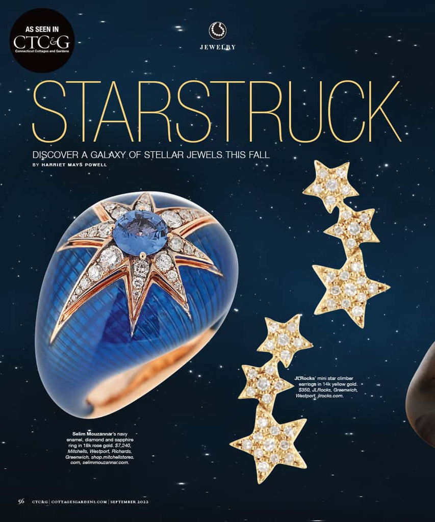 JL Rocks’ Mini Star Climber Earrings featured in Connecticut Cottages and Garden’s ‘Starstruck’