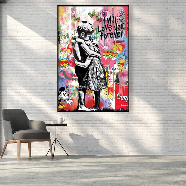 Banksy Forever Love Easy Build Frame Art Easy Build Frame & Fabric Print / 24 x 36in Clock Canvas