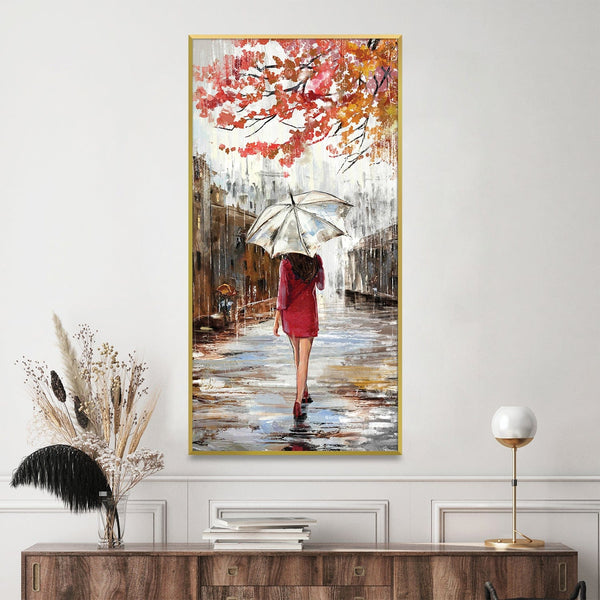 Crimson Stroll on Rainy Day Canvas Art Clock Canvas