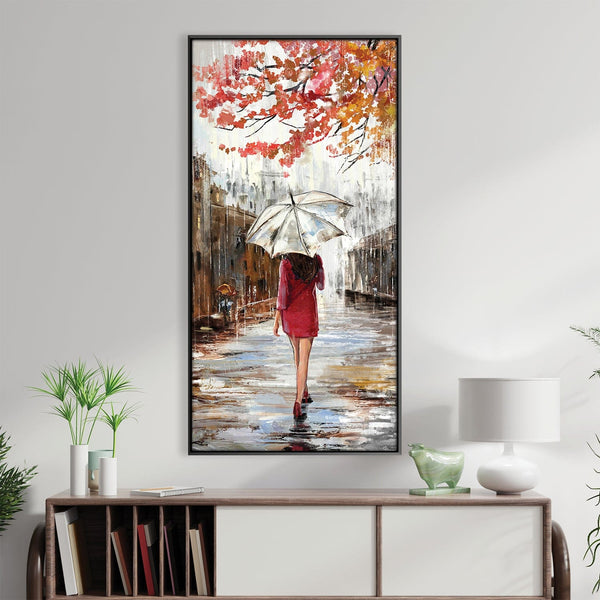 Crimson Stroll on Rainy Day Canvas Art Clock Canvas