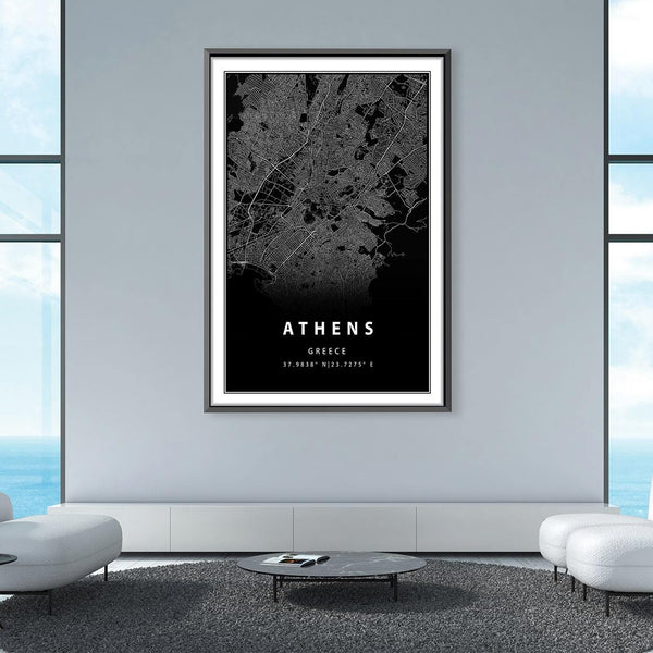 Athens Black Map Canvas Art Clock Canvas