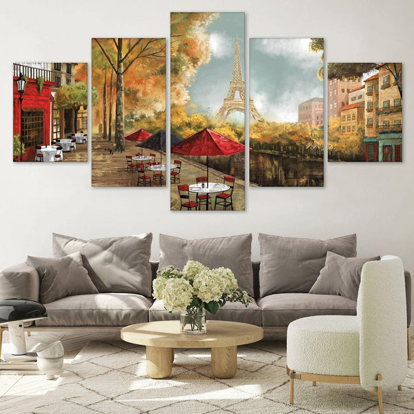 Cafe Dela Tour Eiffel Canvas Art 5 Panel / Large / Standard Gallery Wrap Clock Canvas