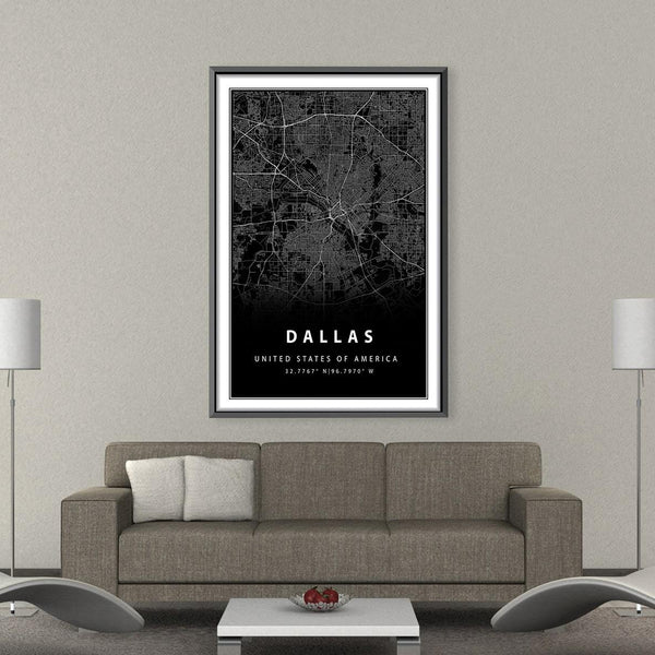 Dallas Black Map Canvas Art Clock Canvas