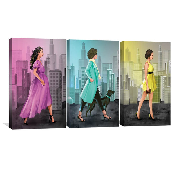 Fashionable Streets Canvas Art Set of 3 / 30 x 45cm / Unframed Canvas Print Clock Canvas