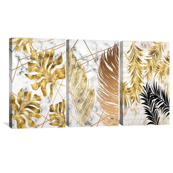 Golden Leaf Canvas Art Set of 3 / 40 x 60cm / Unframed Canvas Print Clock Canvas