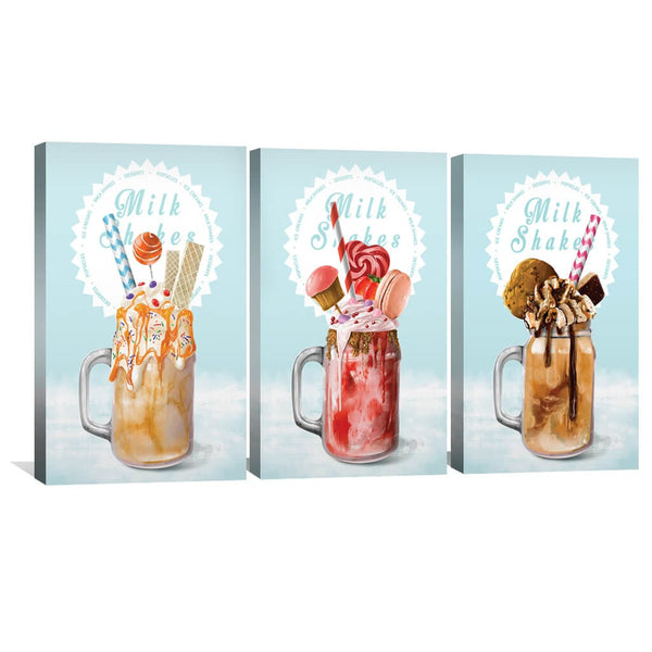 Milkshakes Canvas Art Set of 3 / 30 x 45cm / Unframed Canvas Print Clock Canvas