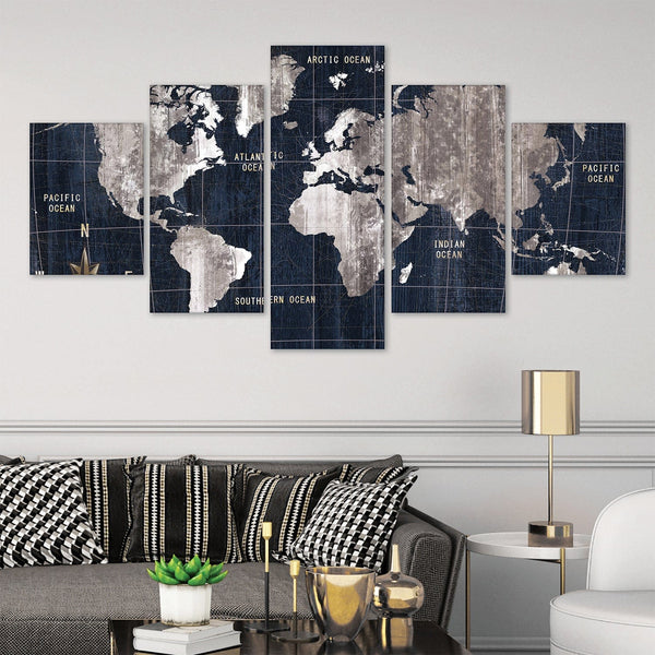 Noir Map Canvas - 5 Panel Art 5 Panel / Large / Standard Gallery Wrap Clock Canvas