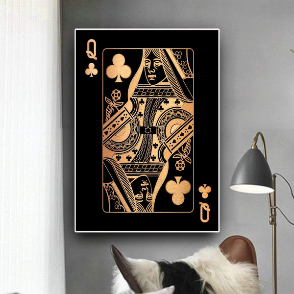 Queen of Clubs - Gold Canvas Art Clock Canvas