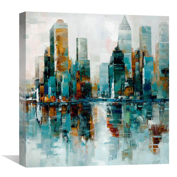 Sky Scraper Reflection Oil Painting Oil Clock Canvas