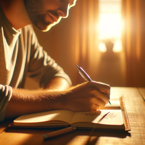 Visual: A person writing in a gratitude journal, surrounded by a warm, inviting light.