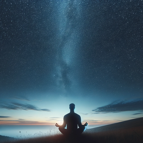 Visual: A serene image of a person in a meditative pose under a vast, starry sky.