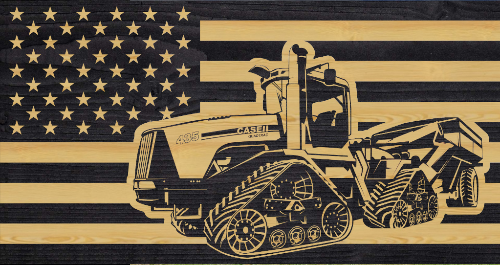 custom wood flag example, charred wood case flag, farm equipment flag, tractor flag, after flag