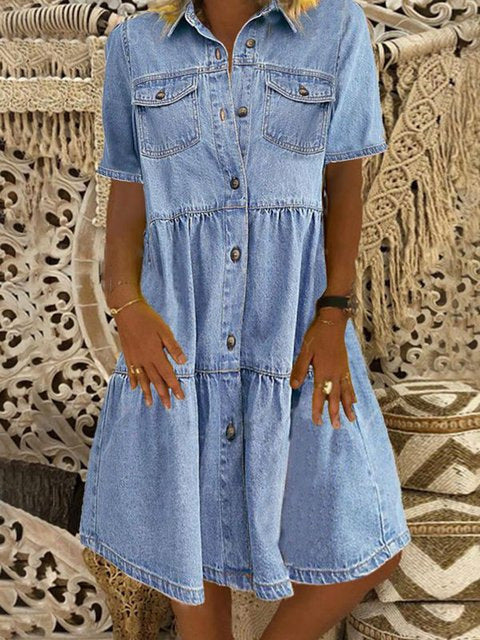 Women’s Short Sleeve Distressed Denim Midi Dress with Buttons in 2 Colors Sizes 2-14