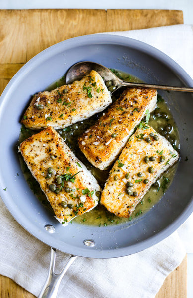 The Defined Dish's Halibut Piccata served with Lemon and Garlic Brocco ...