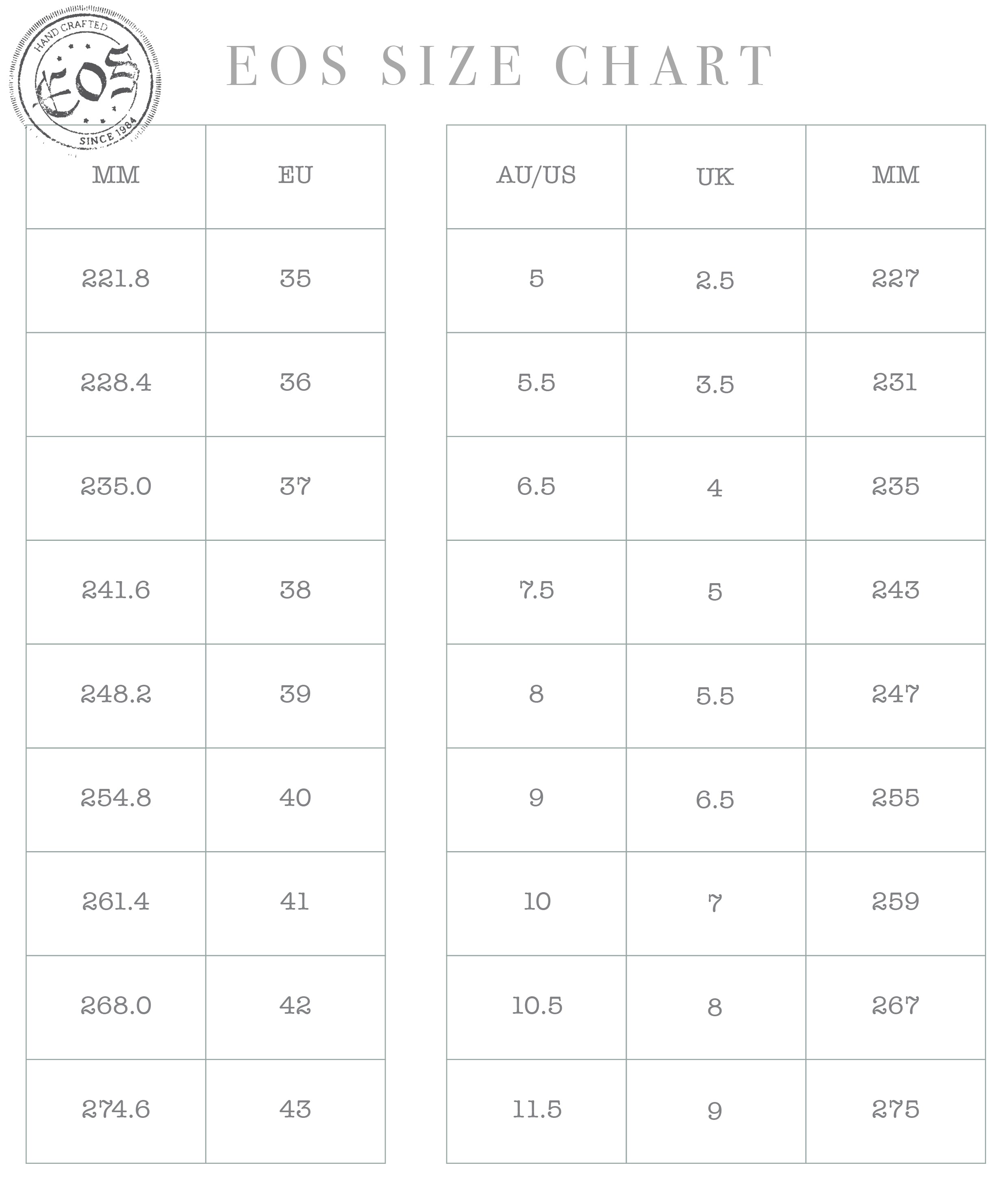 european and australian shoe sizes