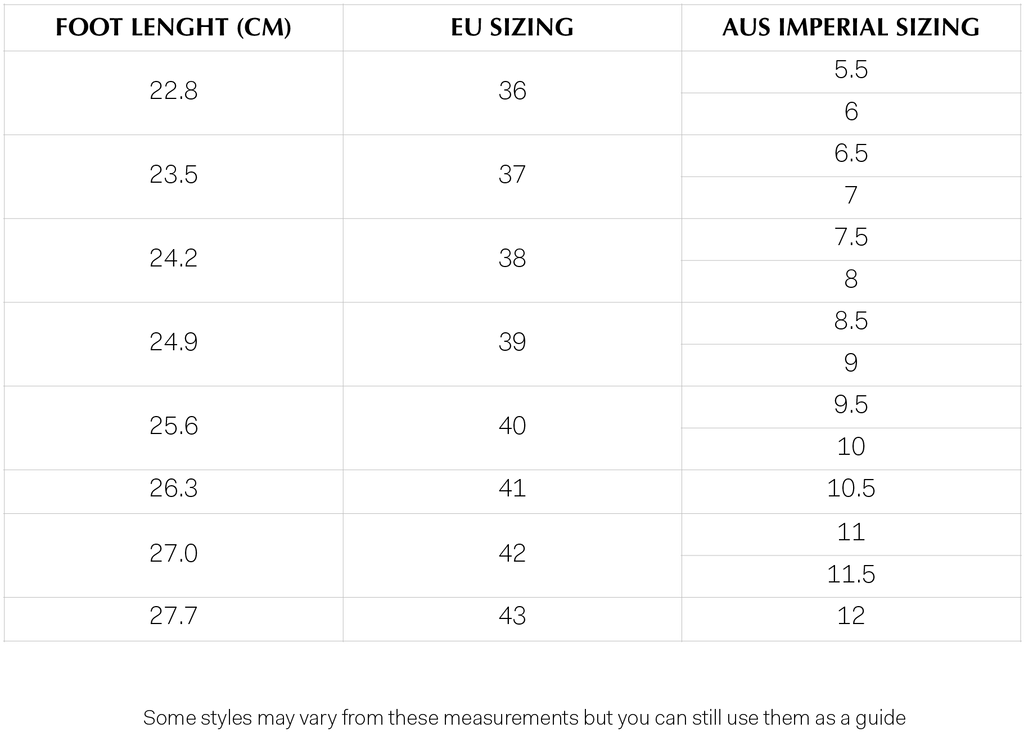 Shoes Size Chart European Australian UK International Guide — EOS