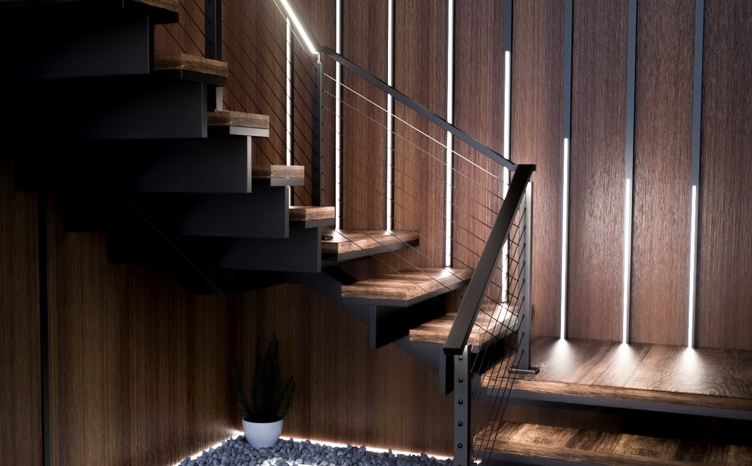 Muzata Cable Railing Stair System With Lights In The Darkness