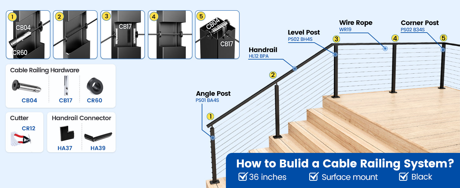 Muzata-black-LED-cable-railing-system-matching-recommendations