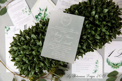 gorgeous vellum greenery luxury wedding invitations liz kotsamanes designs Cambridge, Ontario, Canada