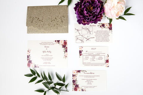 laser cut glitter pocket wedding invitation burgundy and blush floral