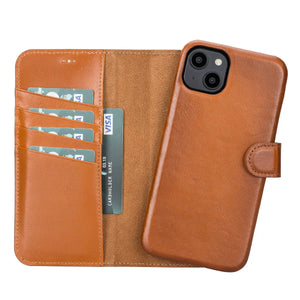 Burnished Tan Leather Magnetic Wallet Case for iPhone 14 Plus, Prestige - O2 Leather