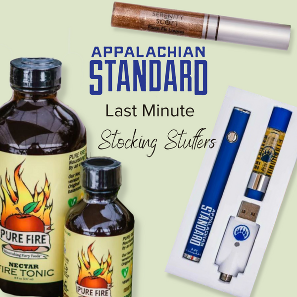 Appalachian Standard's last minute stocking stuffers, including a CBD vape kit in a box, lip gloss, and two bottles of fire tonic