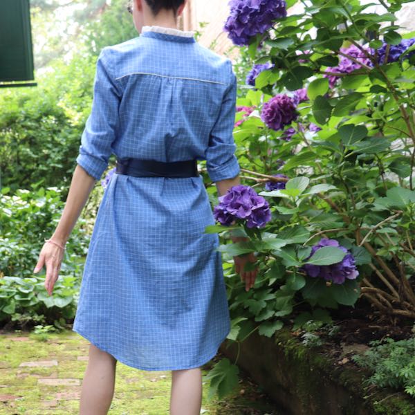 back view of blue handloom cotton dress 