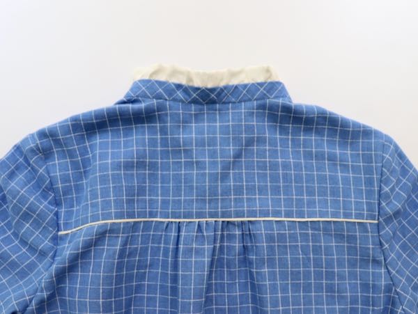blue and white checked dress with white piping