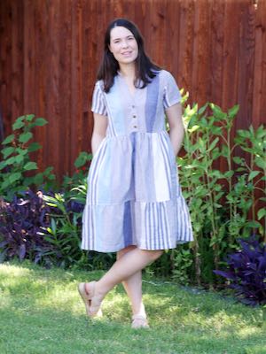 Myosotis Dress in Blue and White Striped Cotton sewn by Dixie
