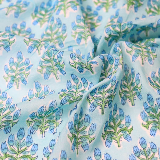 Block Print, Hand Printed Cotton. 2½ Yards. Artisan, India Fabric. Blue,  Coffee