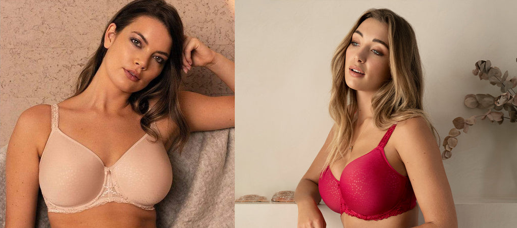 Woman wearing the Ana Fantasie Bra in beige and red