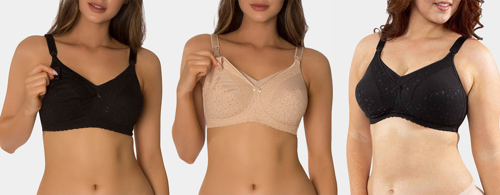 Woman wearing Triumph Lace Maternity bra in nude and black