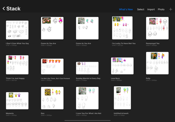 a screenshot of files in the procreate app on the ipad, showing some of the various design sketches