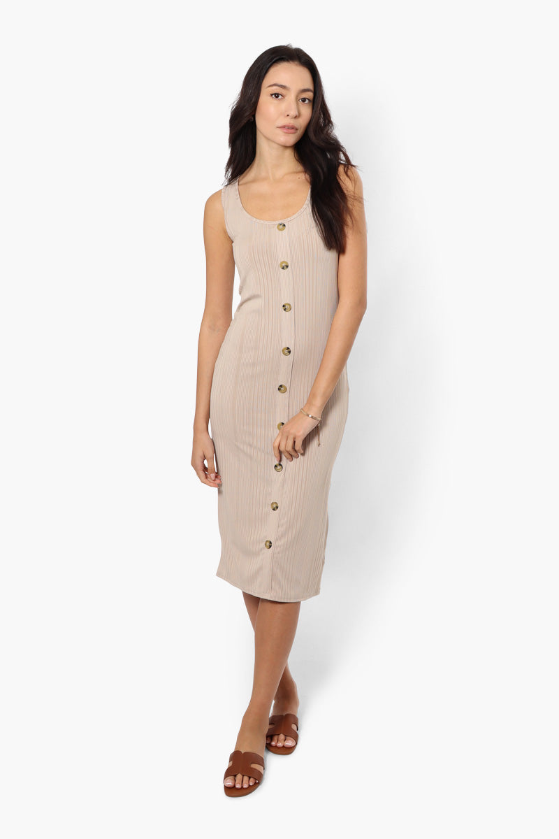 Magazine Front Button Ribbed Midi Dress